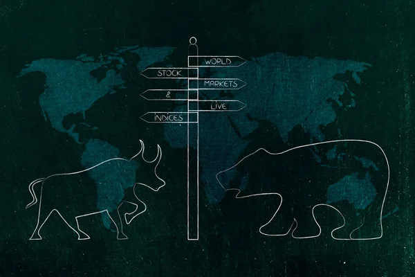 証券取引所と毎日の生活概念図 グローバル市場道路標識と世界地図オーバーレイとクマ — ストック写真