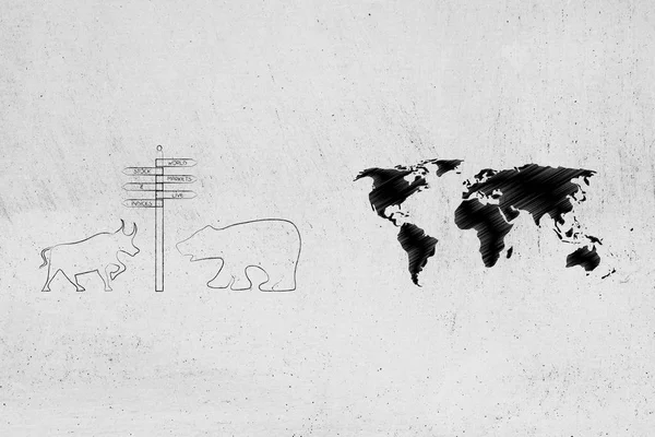 証券取引所と毎日の生活概念図 世界地図の横にあるグローバル市場道路標識とクマ — ストック写真