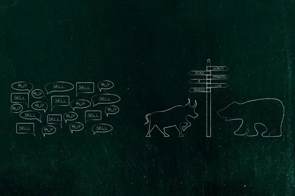 stock exchange and daily life conceptual illustration: bull and bear with global markets road sign next to buy and sell comments