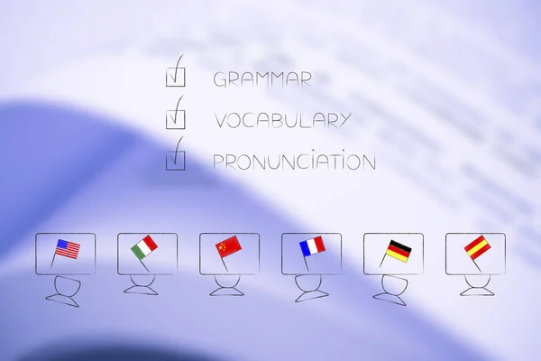 Studying Foreign Languages Conceptual Illustration Students Desks Flags Grammar Vocabulary — Stock Photo, Image