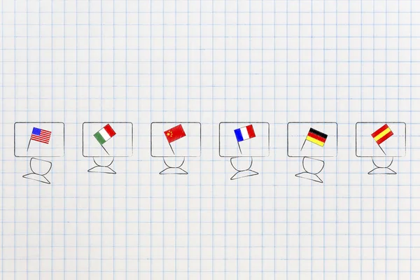 学习外语概念插图 学生用国旗的课桌 — 图库照片