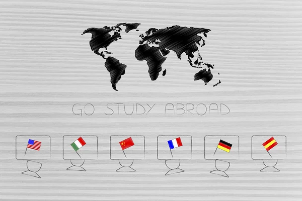 studying foreign languages conceptual illustration: students desks with country flags on them and world map above