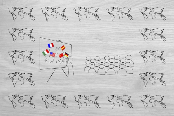 studying foreign languages conceptual illustration: world map border with classroom and teacher in the centre