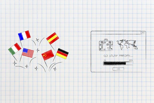 Studium Cizích Jazyků Konceptuální Ilustrace Vlajky Vedle Jít Studovat Zahraničí — Stock fotografie