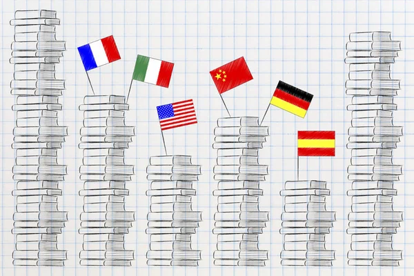 Estudo Línguas Estrangeiras Ilustração Conceitual Pilha Livros Com Bandeiras País — Fotografia de Stock
