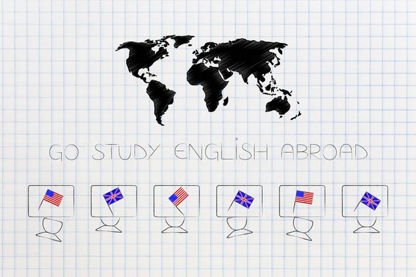Esl Освіти Концептуальні Ілюстрації Британські Американські Прапори Символом Вивчають Англійську — стокове фото