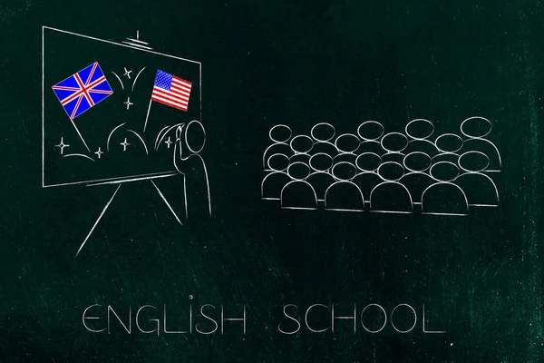 Ilustração Conceitual Educação Esl Bandeiras Britânicas Americanas Símbolo Estudar Inglês — Fotografia de Stock