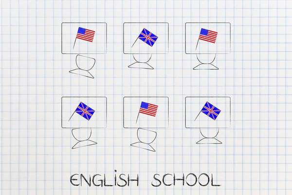 Esl Educação Ilustração Conceitual Bandeiras Britânicas Americanas Símbolo Estudar Inglês — Fotografia de Stock