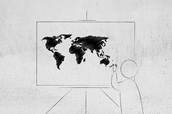 全球化世界概念插画 在白板上写上世界地图的人 — 图库照片