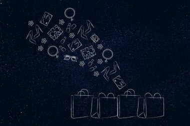 kavramsal illüstrasyon Sepete Ekle: alışveriş torbaları satın öğeleri ile Grup