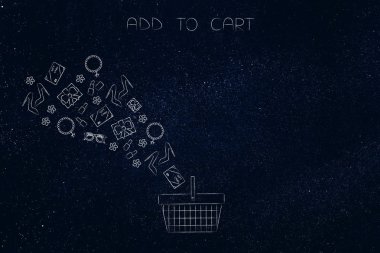 kavramsal illüstrasyon Sepete Ekle: boş bir alışveriş sepeti içine uçan ürünleri grubu