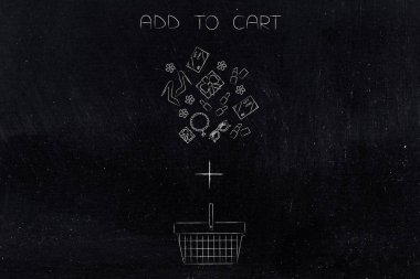 kavramsal illüstrasyon Sepete Ekle: Satılık artı işareti ve boş alışveriş sepetine ürün grubu