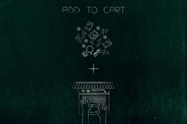 kavramsal illüstrasyon Sepete Ekle: Grup artı işareti ve dizüstü bilgisayar ekranında online mağaza ile Satılık Ürünler