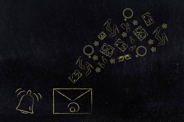  kavramsal illüstrasyon alışveriş online: bildirim simgesi ve e-posta zarf dışarı uçan ürünleri ile