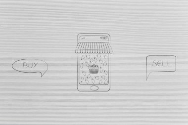 Vintage öğeler Borsası'nda web kavramsal çizimi: satın almak ve satmak ürünler komik kabarcıkları smartphone ve online alışveriş platformu üstünde belgili tanımlık perde ile