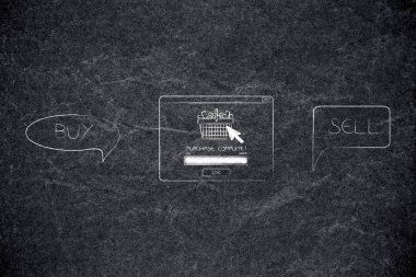 Vintage öğeler Borsası'nda web kavramsal çizimi: satın almak ve satmak ürünleri komik kabarcıkları ile aralarında satınalma tam açılır ileti