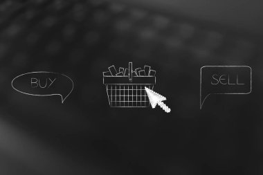 Vintage öğeler Borsası'nda web kavramsal çizimi: satın almak ve ürünleri komik kabarcıkları alışveriş sepeti ve aralarında imleç ile sattığınız