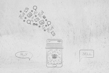 Vintage öğeler Borsası'nda web kavramsal çizimi: satın almak ve satmak ürünler komik kabarcıkları smartphone ekran ve dışarı uçan ürünleri online alışveriş platformu ile