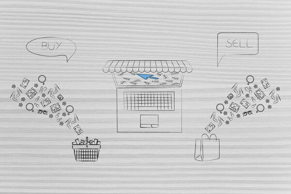  Концептуальная иллюстрация покупок в Интернете: купить и перепродать продукты корзина и сумки с предметами, летящих в них и из них и ноутбук с онлайн-платформы между
