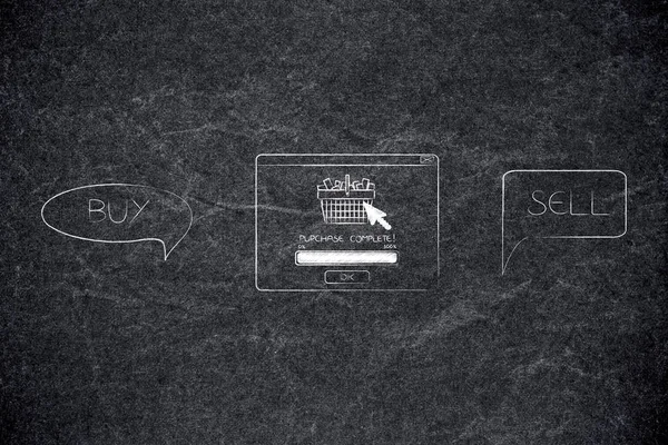 Vintage öğeler Borsası'nda web kavramsal çizimi: satın almak ve satmak ürünleri komik kabarcıkları ile aralarında satınalma tam açılır ileti