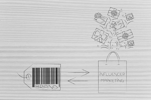 social media marketing conceptual illustration: from brand to influencer bag full of gifts