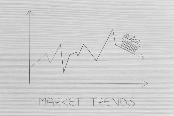 market trends conceptual illustration: stats graph with sales going down and shopping basket on top of the arrow
