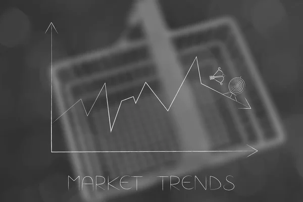 market trends conceptual illustration: stats graph with sales going down and target with arrow missing it on top of the result