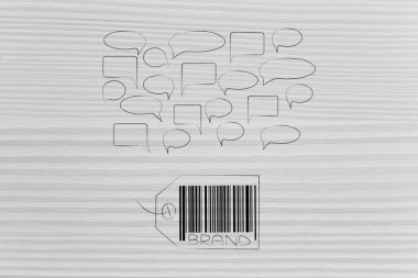 Etiketleri ve müşteri sadakati kavramsal çizimi: marka etiketi ile yukarıda yorum bubbles