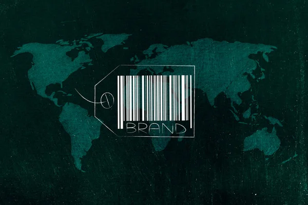 labels and customer loyalty conceptual illustration: global brand with world overlay underneath