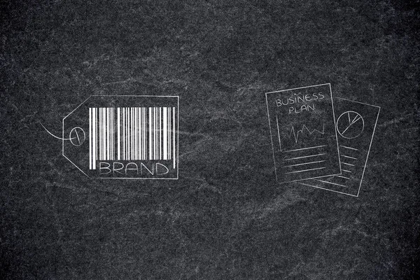 labels and customer loyalty conceptual illustration: brand tag with business plan documents next to it