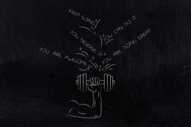 dumbbellsand üstündeki, metafor elemanlarının hedeflerinize ulaşmak için motivasyon metinler tutan kasları kol