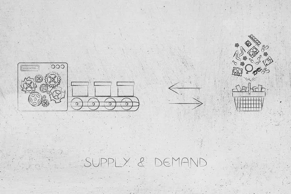 market equilibrium conceptual illustration: ideally balanced supply and demand with full shopping cart and plenty of stock on production line