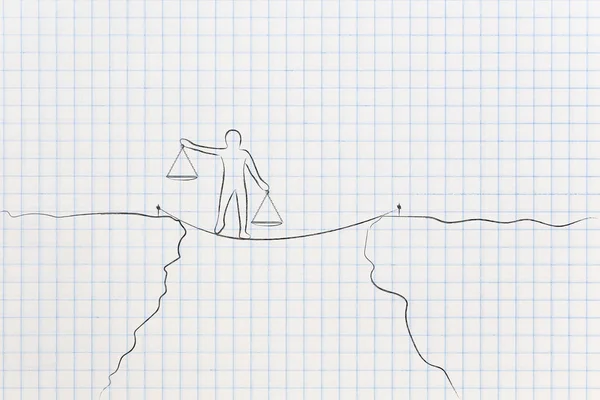 Человек Идущий Плотной Линии Удерживая Весы Пластины Несбалансированном Положении Концепция — стоковое фото