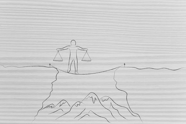 Человек Идущий Плотной Линии Удерживая Весы Пластины Идеальном Балансе Концепции — стоковое фото