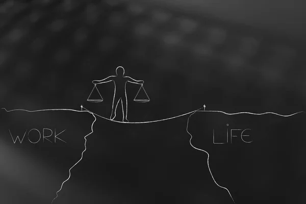 work-life balance conceptual illustration: man walking on tight rope holding balanced scale plates and cliffs with work and life texts on them