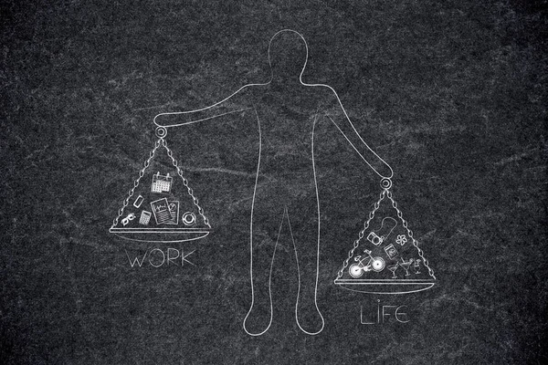 work-life balance conceptual illustration: man holding unbalanced scale plates with work and life icons