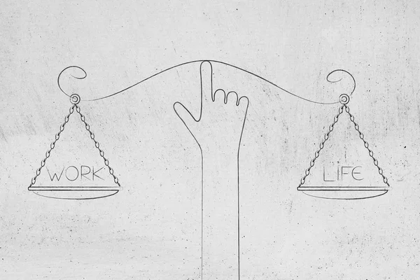 work-life balance conceptual illustration: hand holding balance with work and life texts on scale plates in equilibrium
