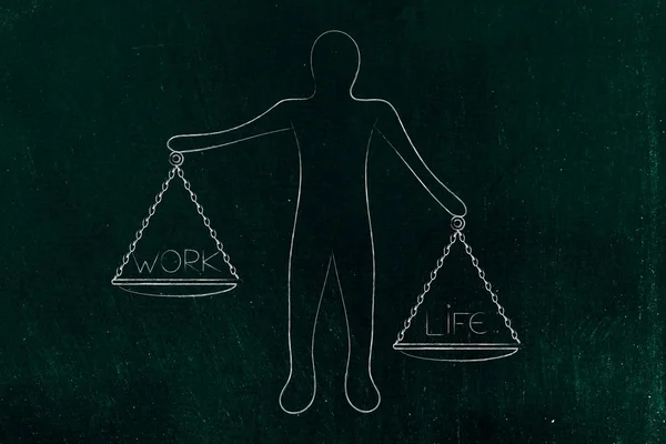 work-life balance conceptual illustration: man holding unbalanced scale plates with more life than work