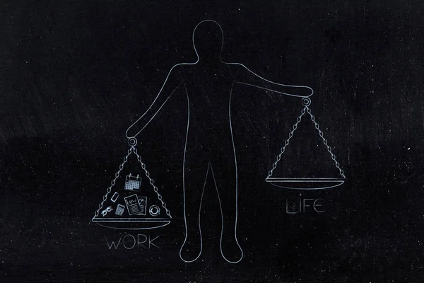 Work Life Balance Conceptual Illustration Man Holding Unbalanced Scale Plates — Stock Photo, Image