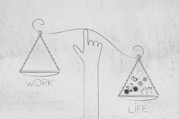 work-life balance conceptual illustration: hand holding unbalanced scale plates with life side being full and work side being empty