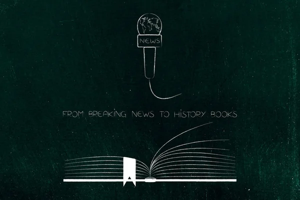 from breaking news to history books conceptual illustration with media microphone and  book