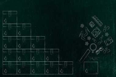 teslimat ve unboxing kavramsal çizimi: parsel açık bir şey dışarı haşhaş öğeleri ile yanındaki grubu