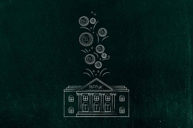 Banka hizmetleri kavramsal çizimi: Banka Binası içine bırakarak paralar ile