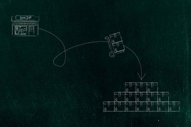 Lojistik ve nakliye kavramsal çizimi: parsel dükkandan diğer teslimatları yığını için hareketli