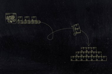 Lojistik ve nakliye kavramsal çizimi: parsel diğer teslimatları yığını için üretim satırından taşıma
