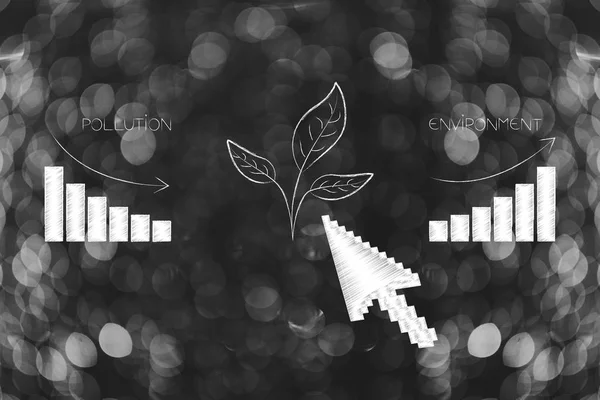 green economy conceptual illustration: stats with pollution decreasing and environment respect increasing with leaves and mouse cursor in between