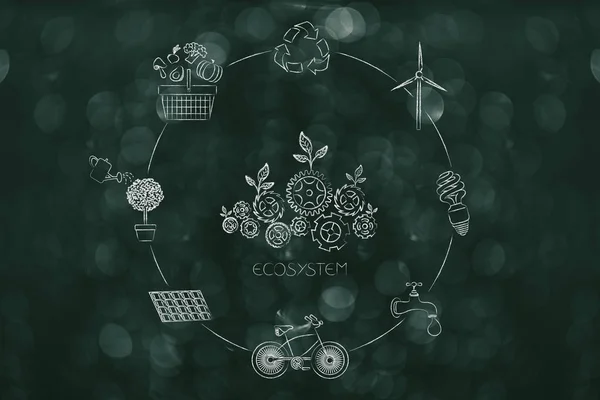Groene Economie Conceptuele Afbeelding Ecosysteem Mechanisme Met Tandwielen Bladeren Omgeven — Stockfoto