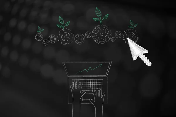 Концептуальная Иллюстрация Зеленой Экономики Экологический Механизм Шестеренками Листьями Пользователем Ноутбука — стоковое фото