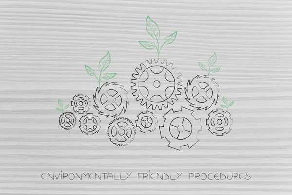 environmentally friendly procedures conceptual illustration: ecology mechanism with leaves growing on gearwheels