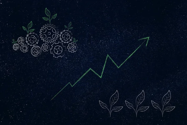 Концептуальная Иллюстрация Зеленой Экономики Экологический Механизм Листьями Растущими Зубчатых Колесах — стоковое фото
